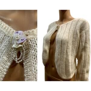 Vintage 80s Romantic Cream Mohair Shrug Cardigan w Rosette & Pearls | S